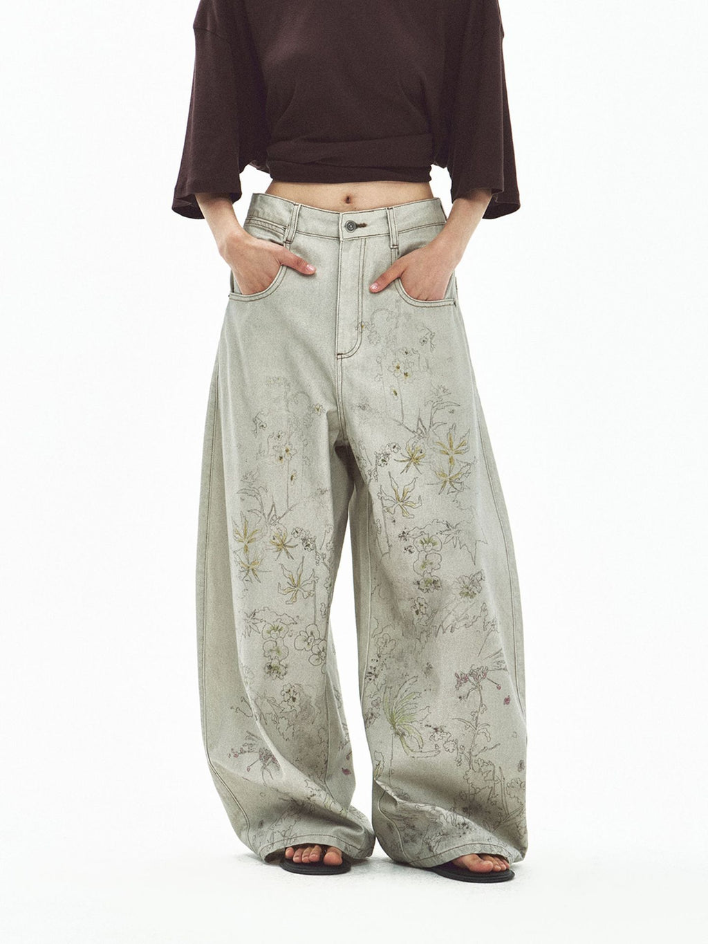 Stylish Flower Design Baggy Jeans