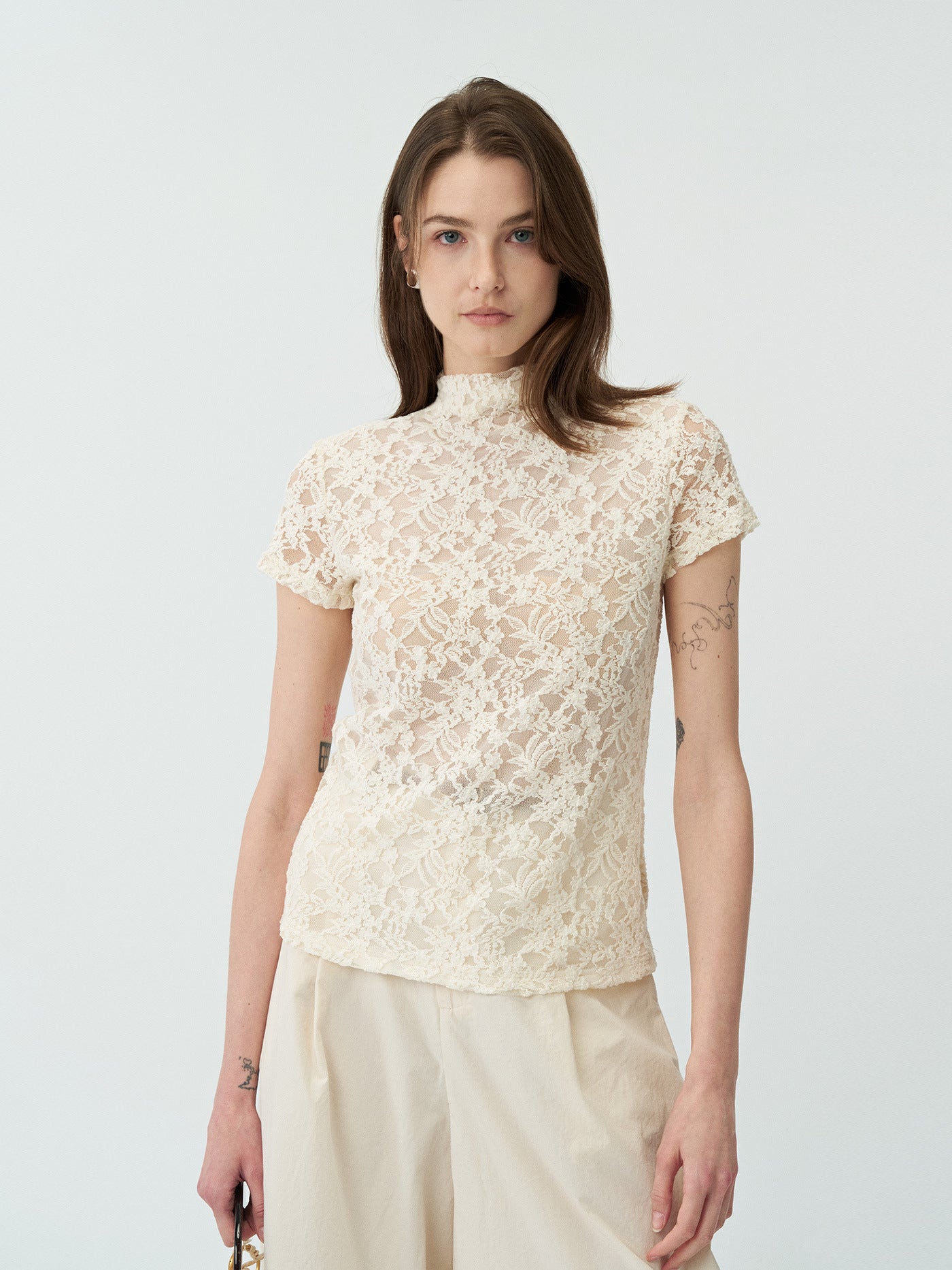 Lace Stand-collar Cut-out T-shirt Top