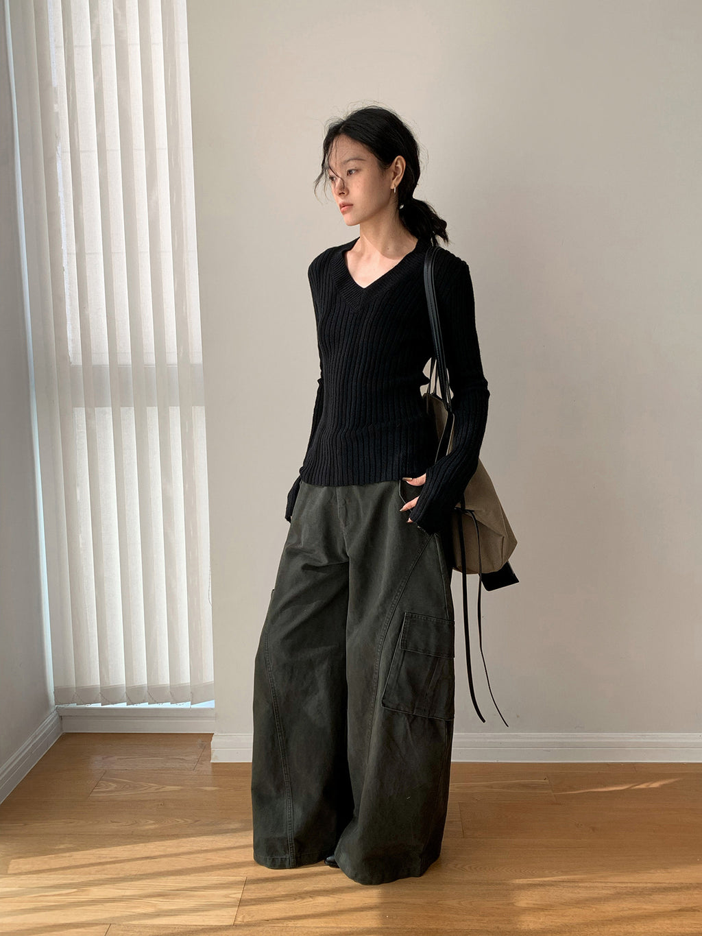 Baggy Wide Leg Cargo Pants with Angled Seam Detail