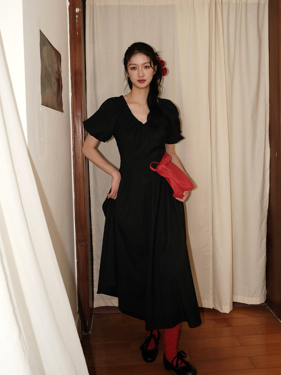 V-Neck Puffy Dress with Large Pockets