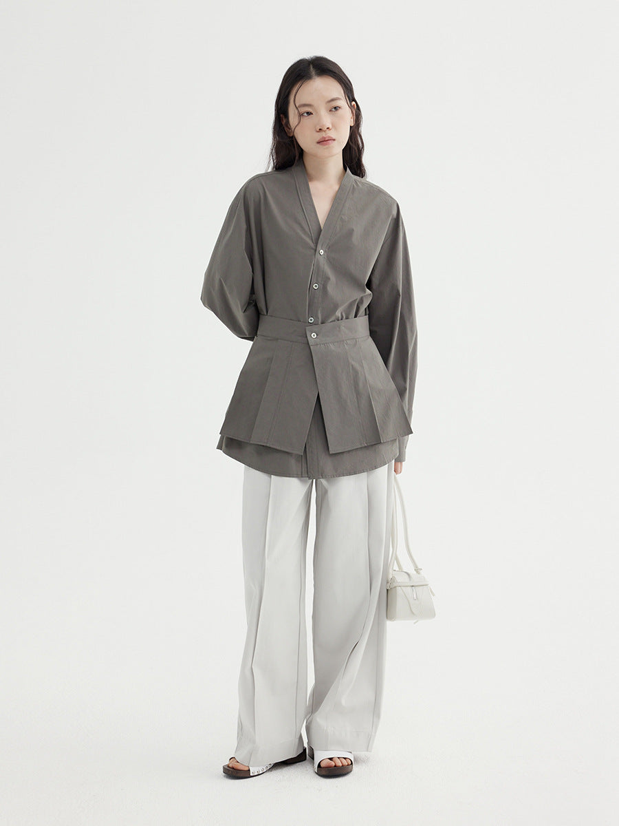 High Waist Double Pleated Straight Leg Tencel Trousers with Belt