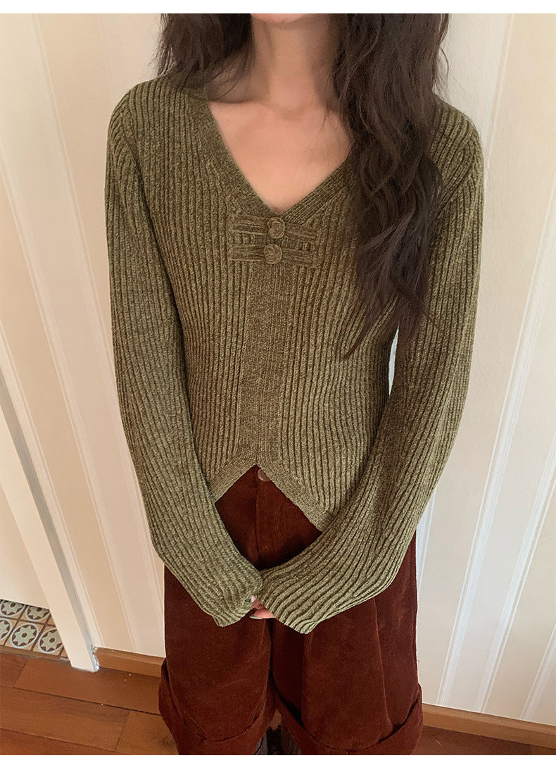 Frog Button V-Neck Striped Long-sleeve Slim-Fit Sweater