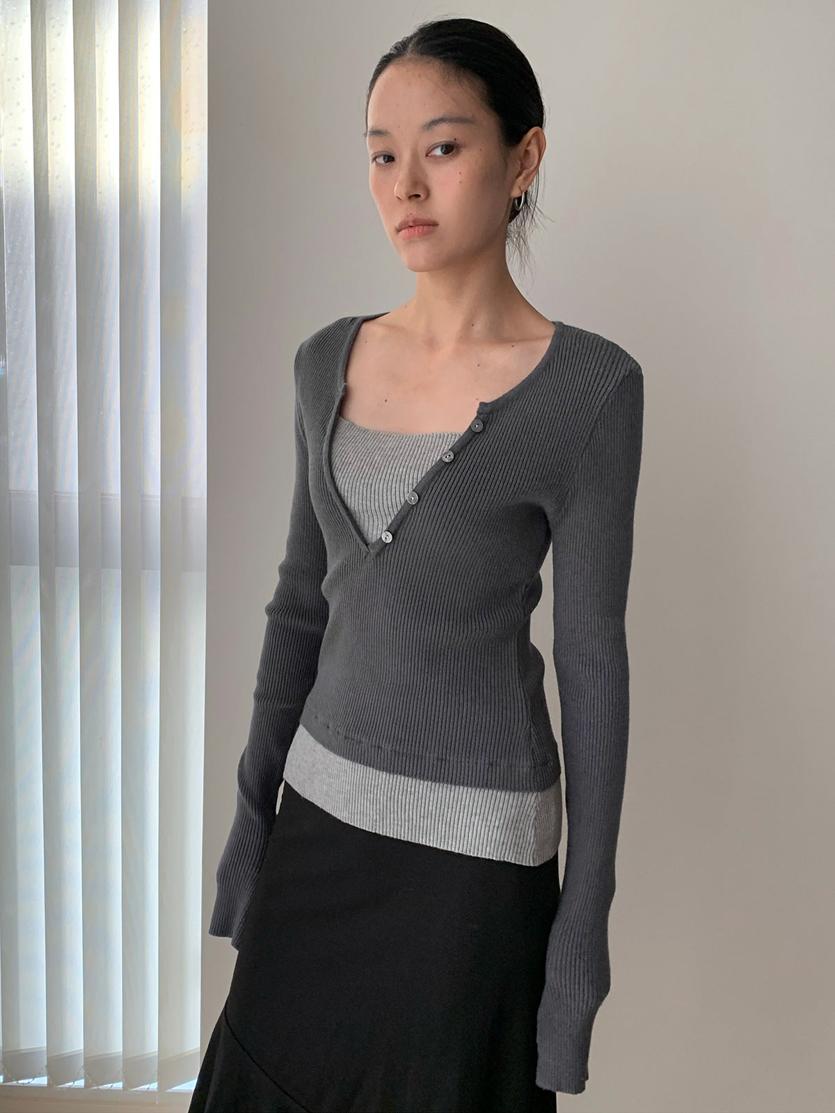 Illusion Two Tops V-Neck Ribbed Long Sleeve Top