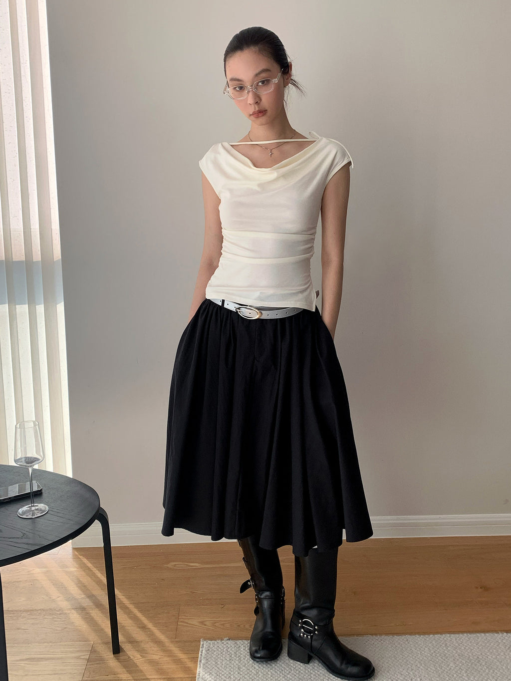 Cowl Neck Strap Detail Ruched Sleeveless Top