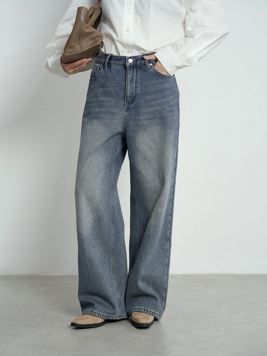 High-Rise Casual Straight-Leg Washed Jeans