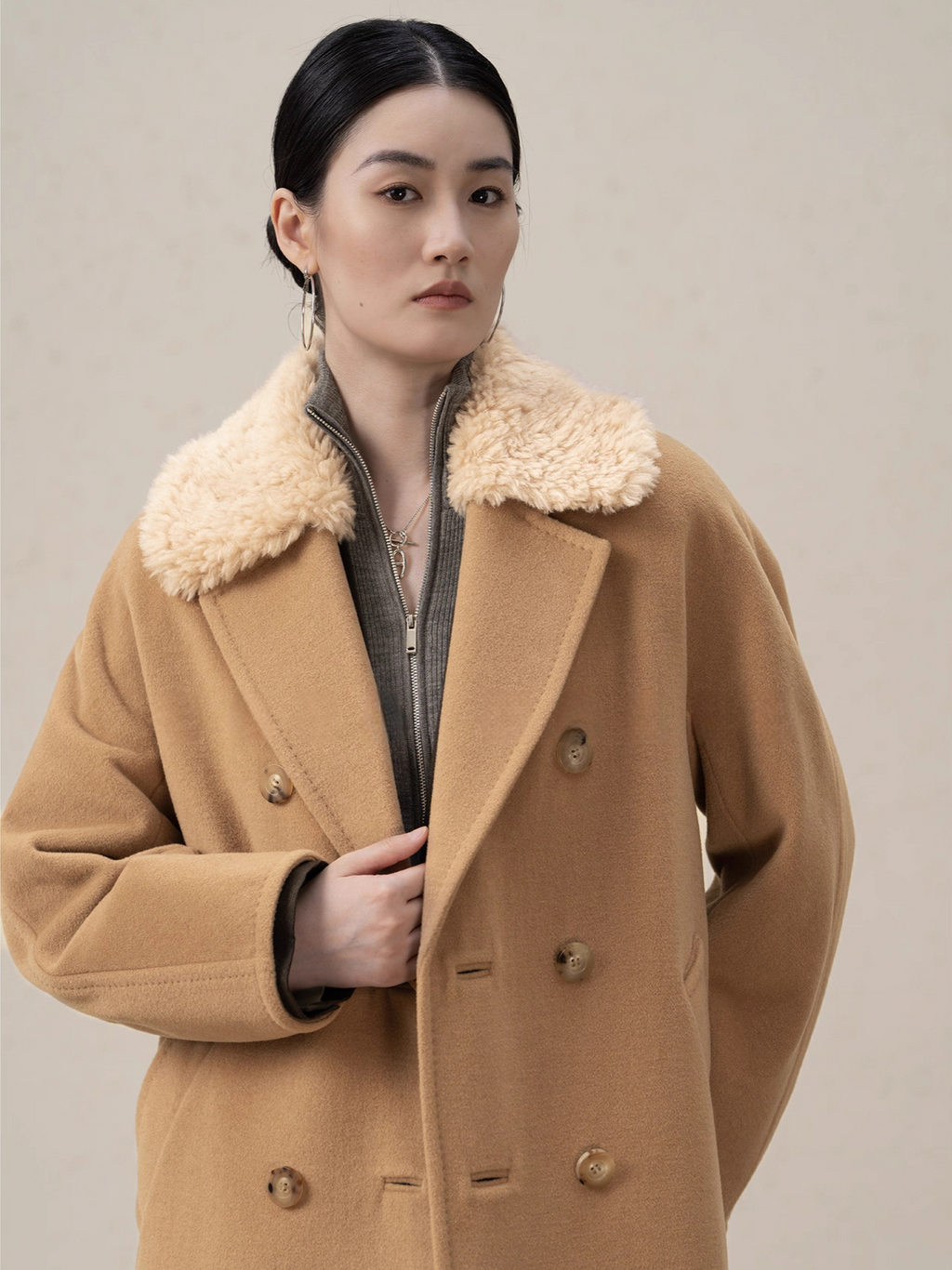 Double-Breasted Merino Wool & Cashmere Coat with Shearling Collar