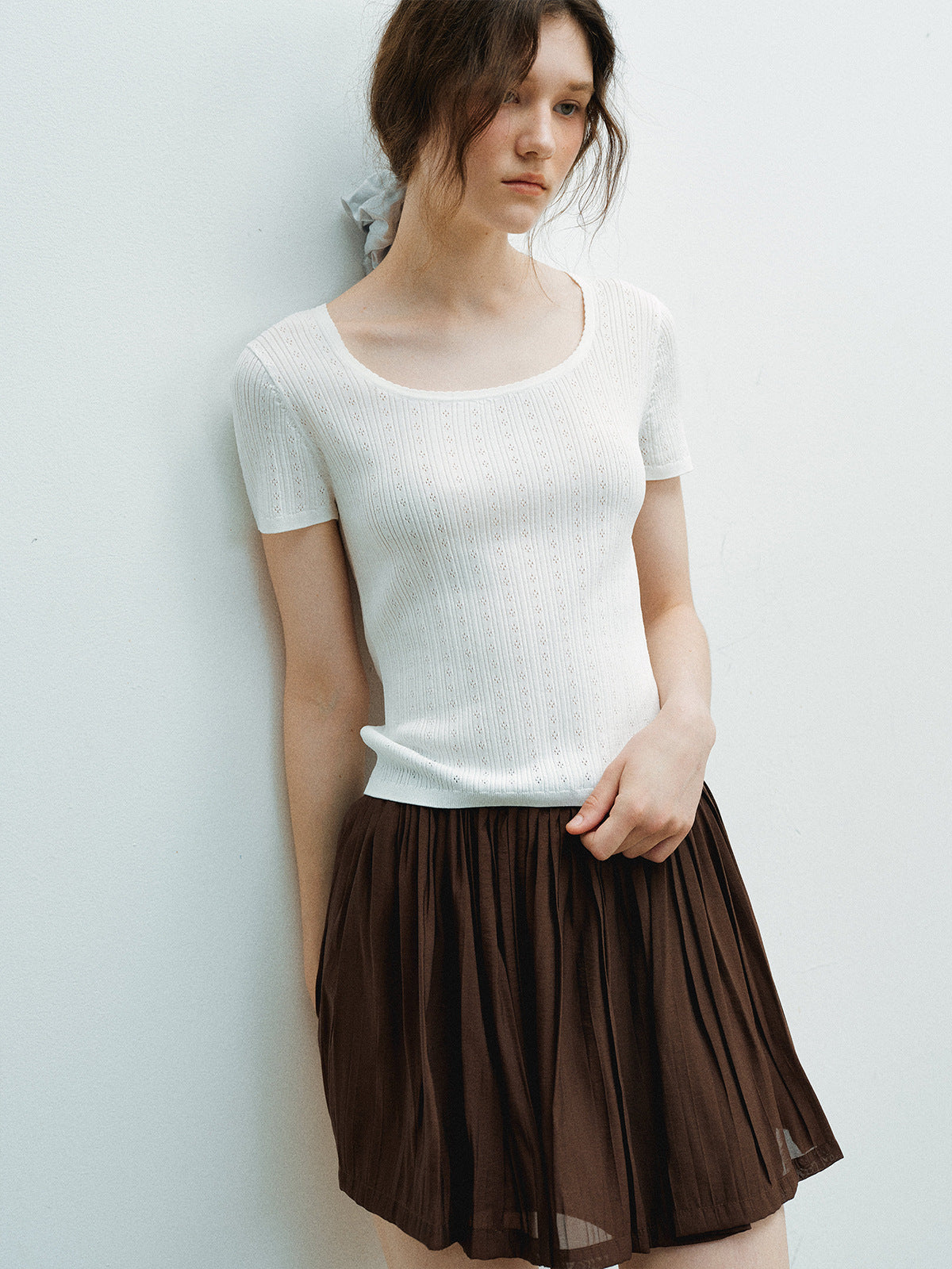 Delicate Mesh Lace Square Neck Slim Fit Knit Top