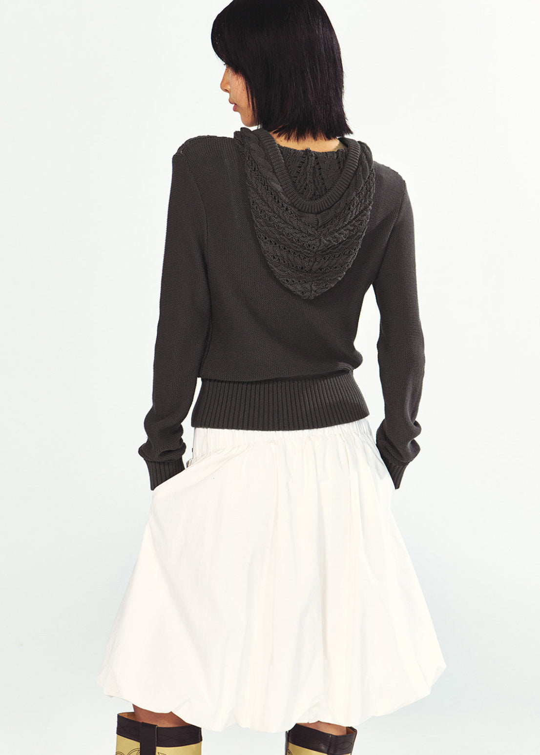 Openwork Cable-Knit Zip-Up Hooded Cardigan