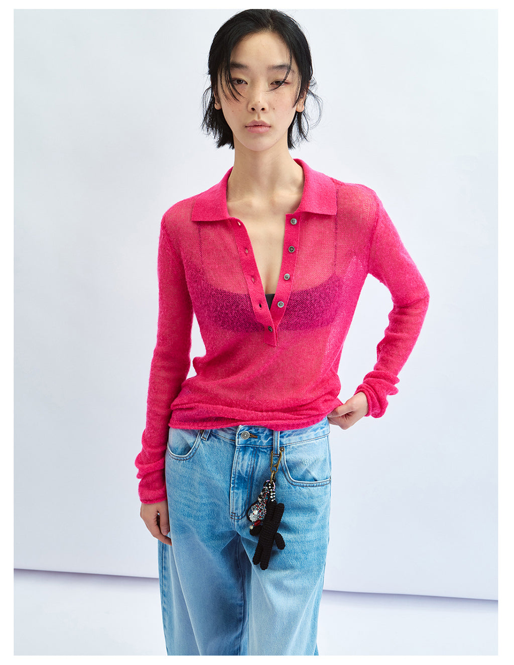 Sheer Layering Polo Collar Wool Knit Top