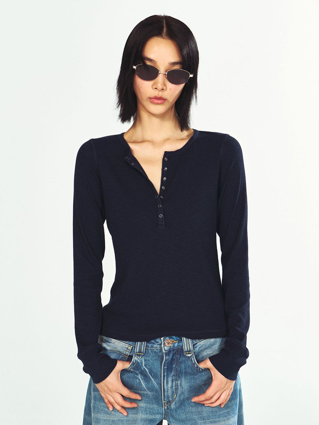 Ribbed Button-Front Long Sleeve