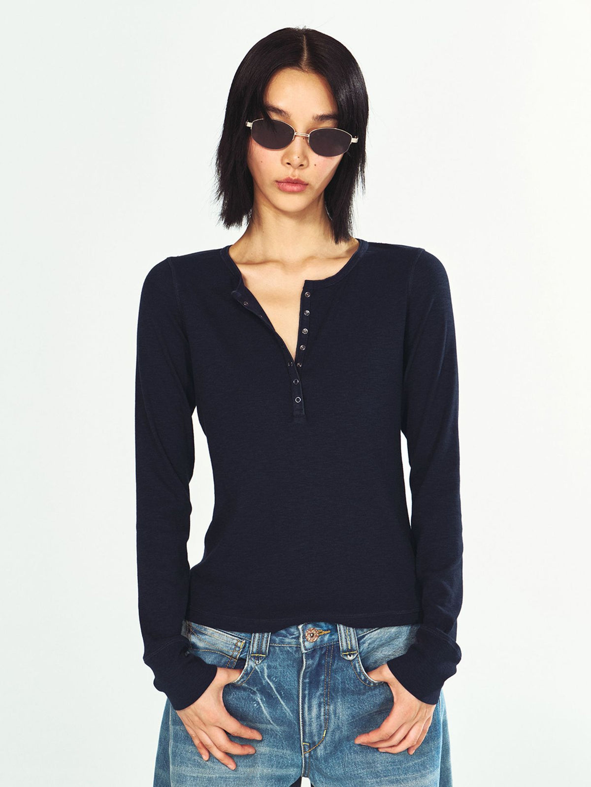 Ribbed Button-Front Long Sleeve