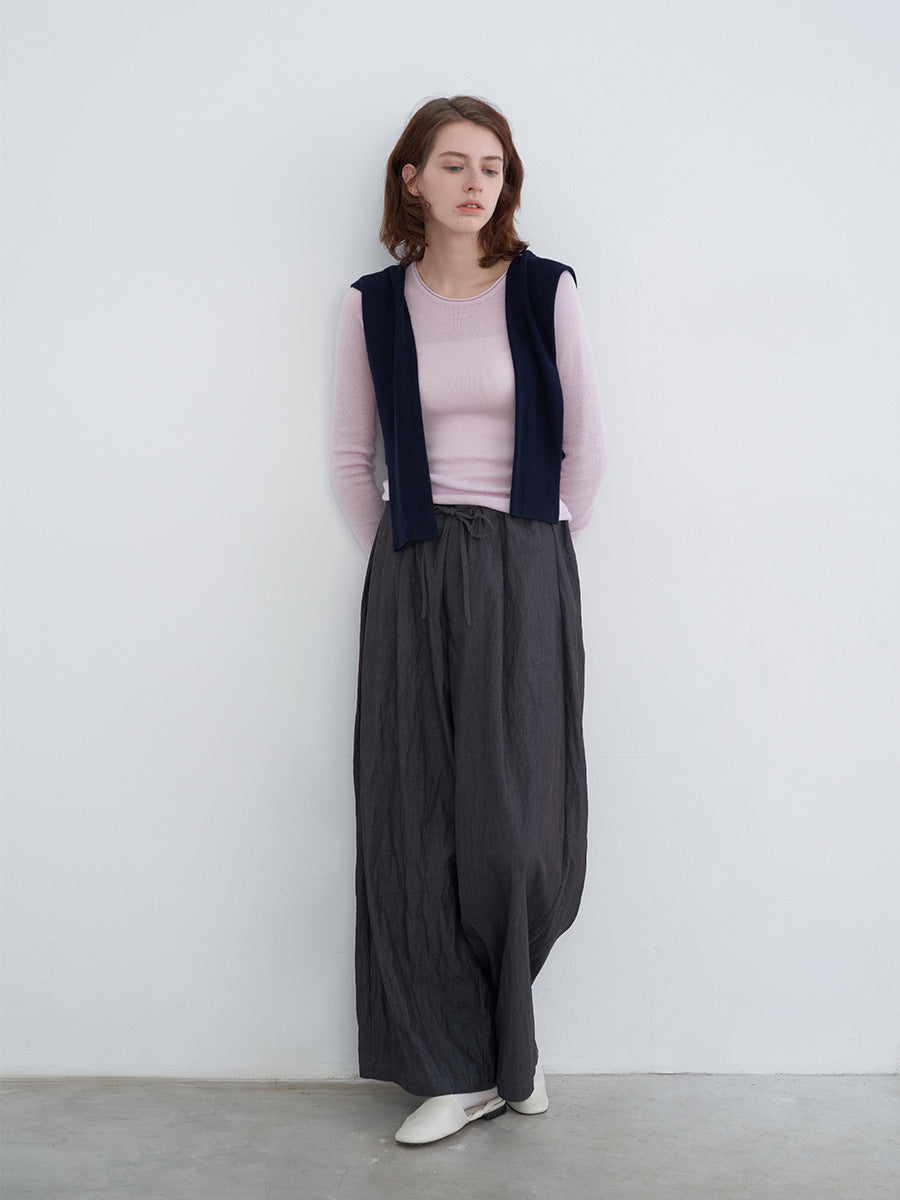 Lightweight Elastic Waist Draped Wide-Leg Pants