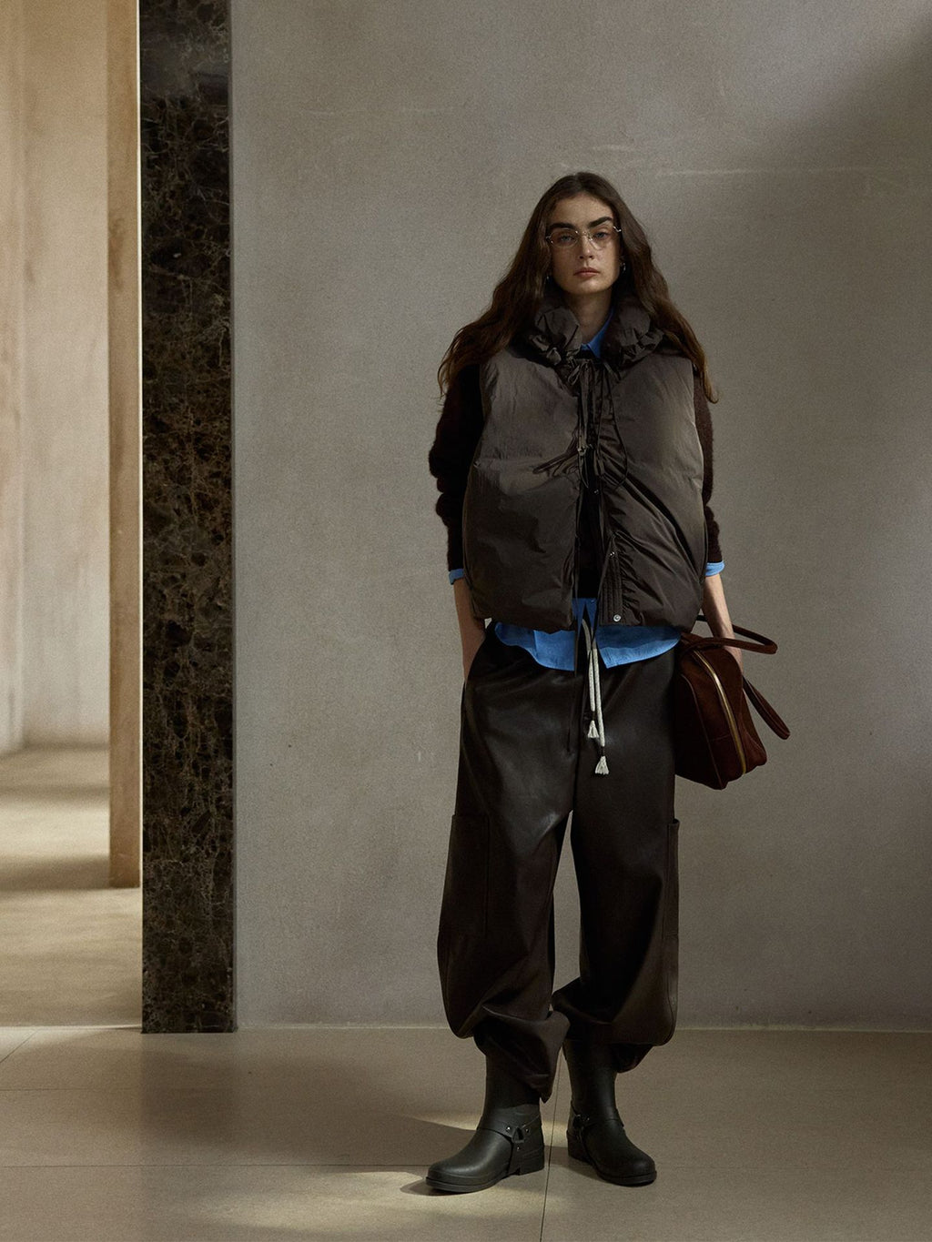 PU Leather Barrel Leg Drawstring Cargo Pants