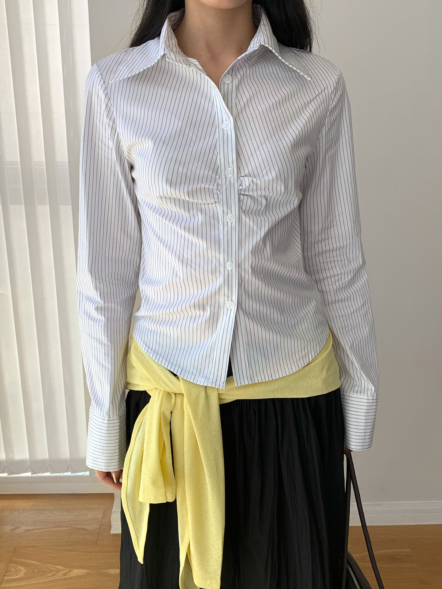 Striped Waist-cinching Long-sleeve Shirt