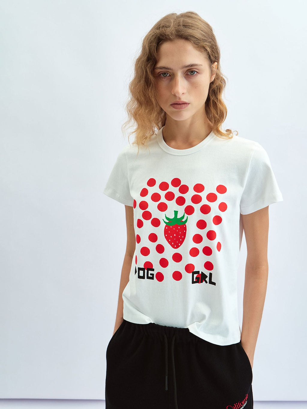 Polka Dot Strawberry Print Crew Neck Cotton T-Shirt Top