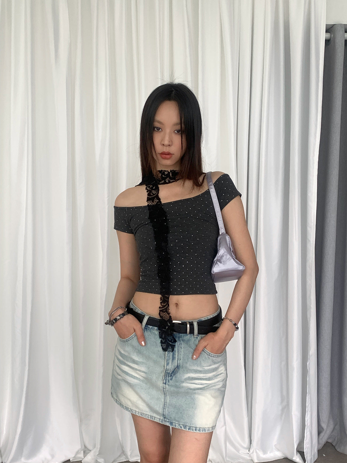 Off-Shoulder Polka Dots Crop Top