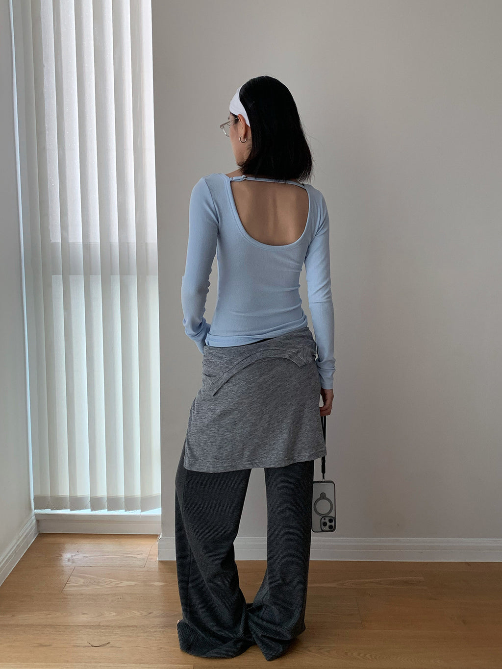 Scoop Neck Adjustable Open Back Long Sleeve Top