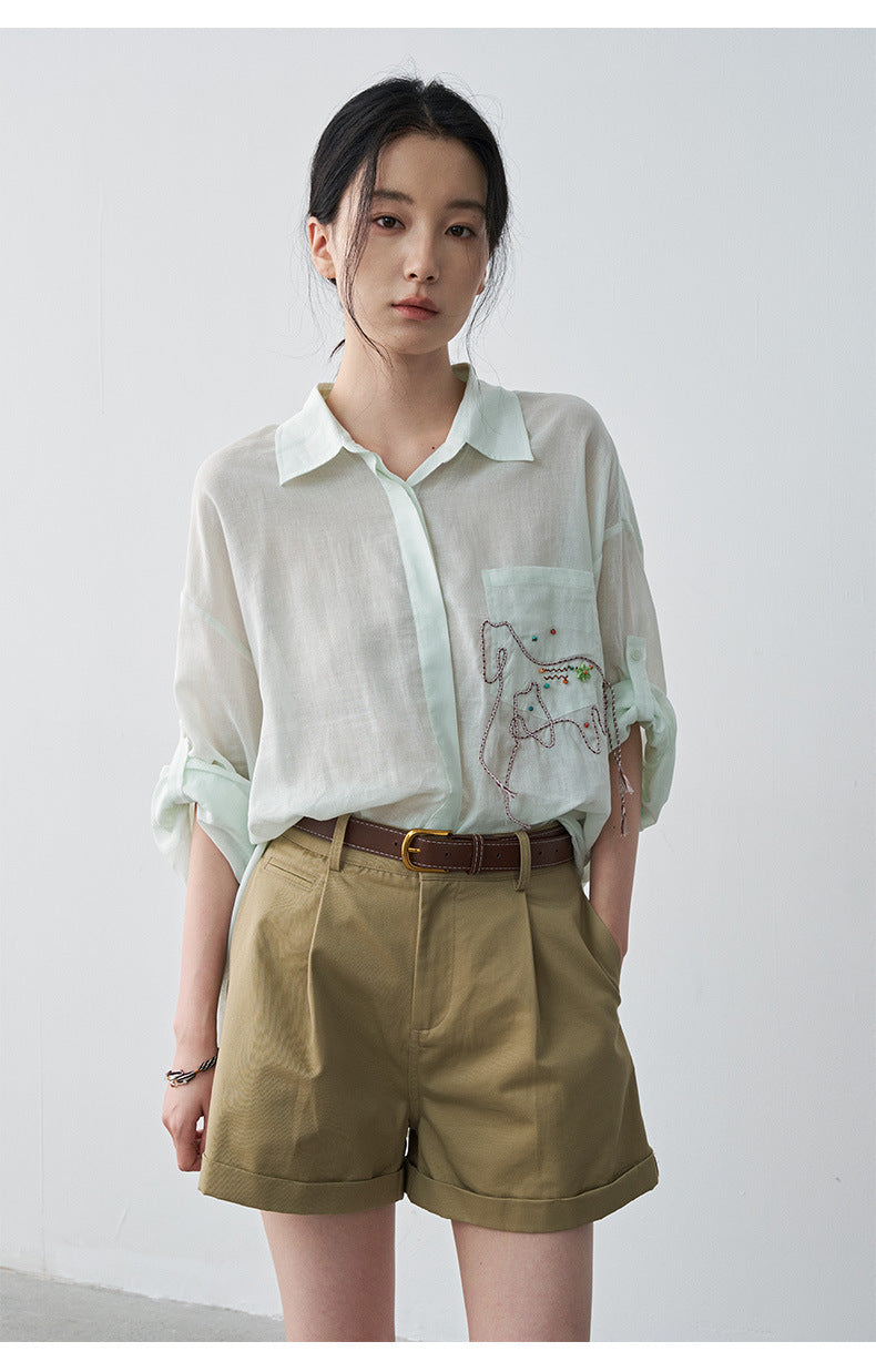 Pleated Mid-rise Rolled Edge Straight Leg Shorts