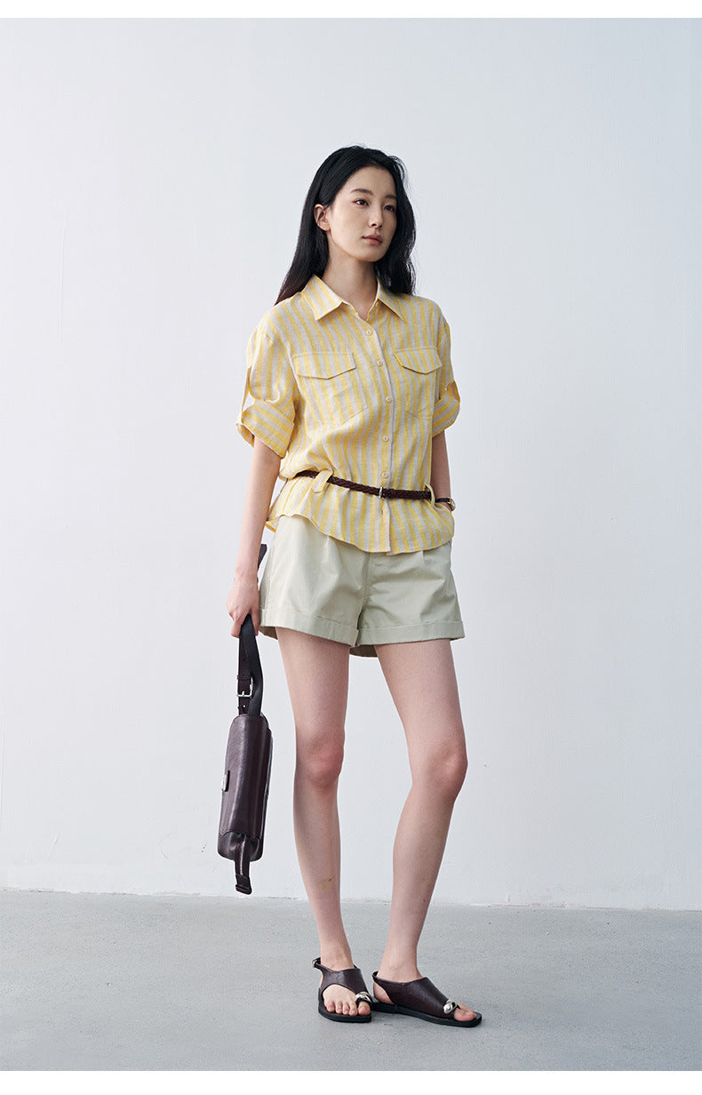 Pleated Mid-rise Rolled Edge Straight Leg Shorts