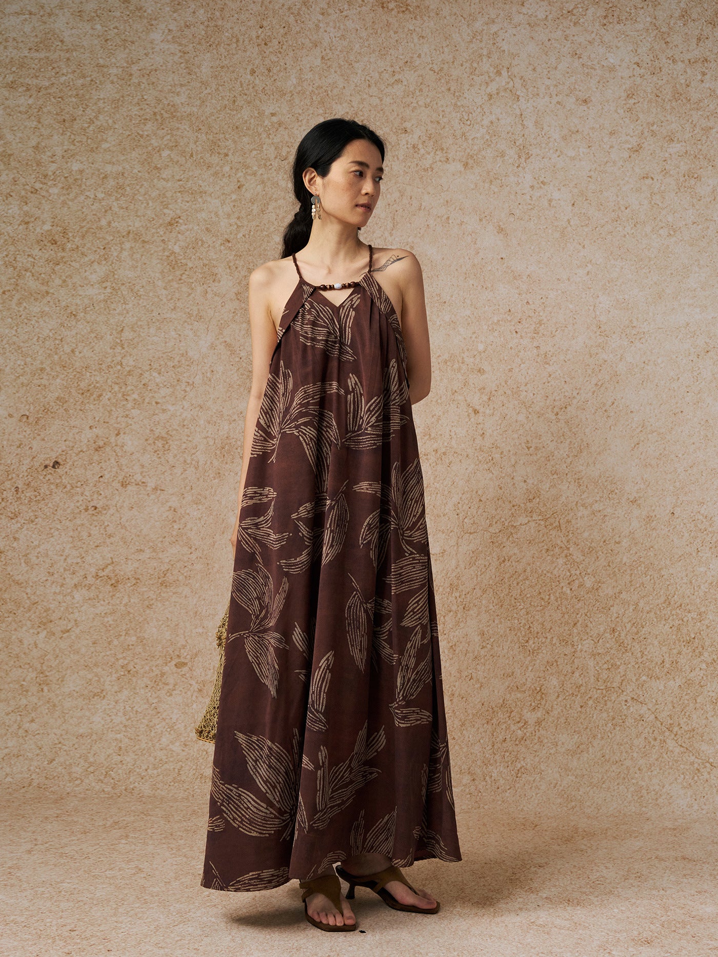 Vacation Style Leaf Pattern Halter-neck Breathable Maxi Dress