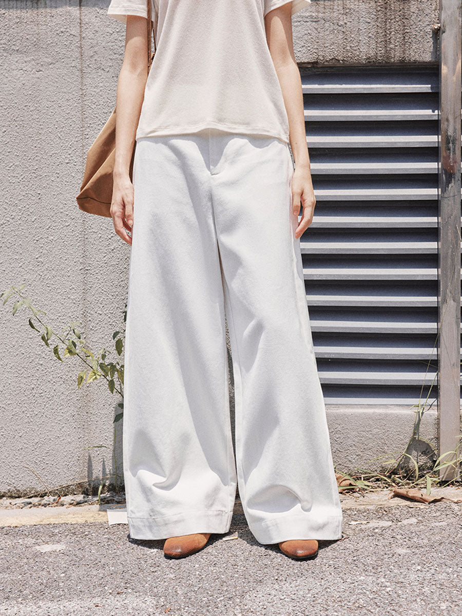High-Waist Solid Color Cotton Slight Stretch Wide-Leg Cropped Pants