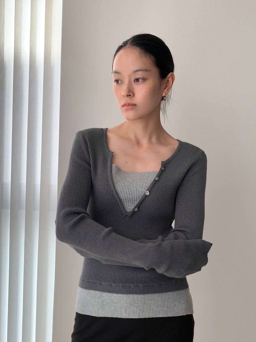 Illusion Two Tops V-Neck Ribbed Long Sleeve Top