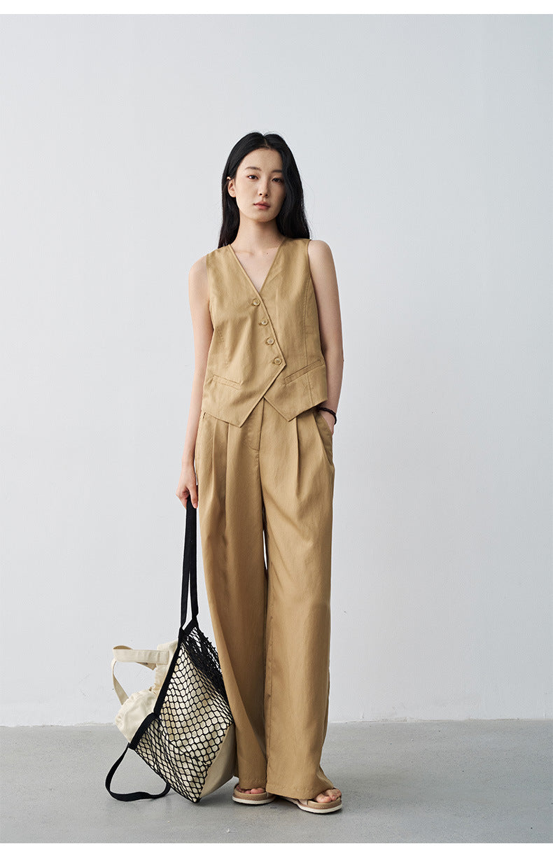 Minimalist Tencel V-neck Diagonal Vest Waist-cinching Sleeveless Top