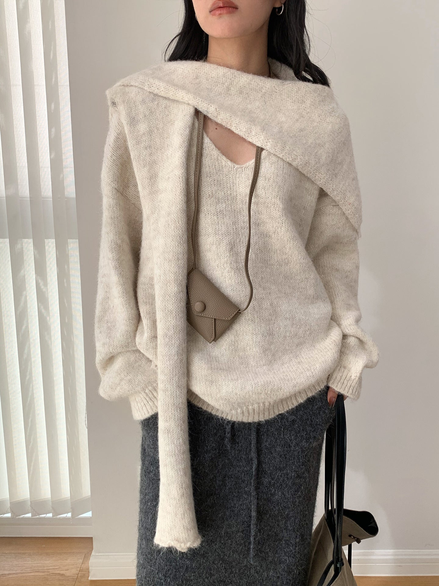 Fluffy V-Neck Knit Sweater with Scarf