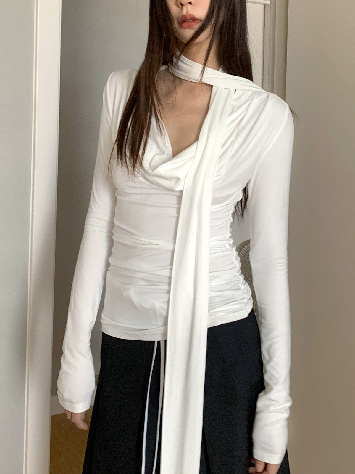 Mock Neck Scarf Drape Cowl Neck Long Sleeve Top