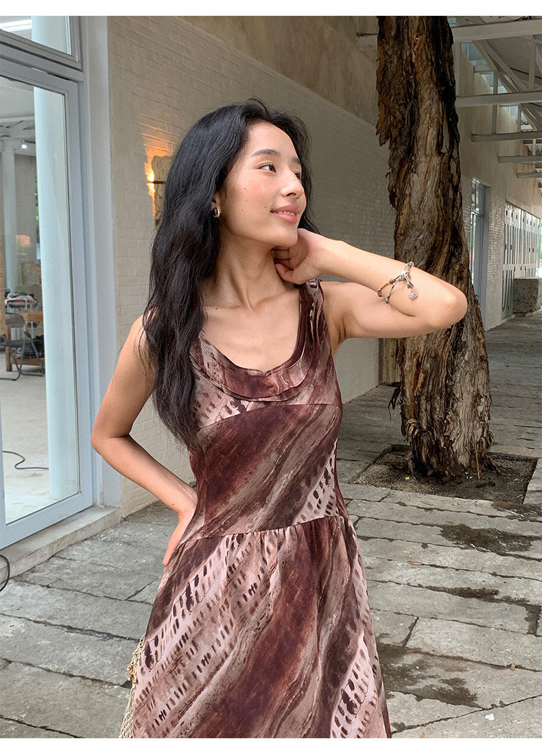 Leaf U-Neck Spaghetti Strap Backless Tie-Up Long Dress