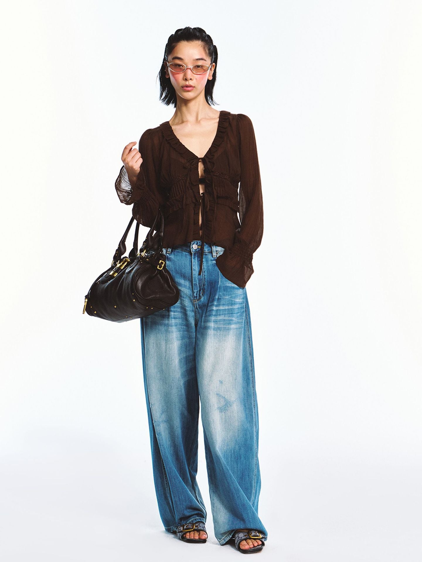Translucent Lace V-neck Lantern Sleeve Cardigan Shirt