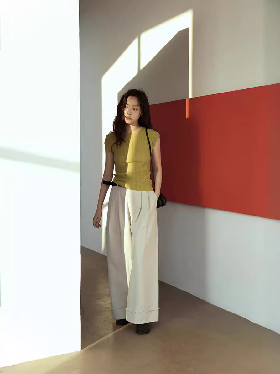 Versatile Frayed Wide-leg Pants with Belt