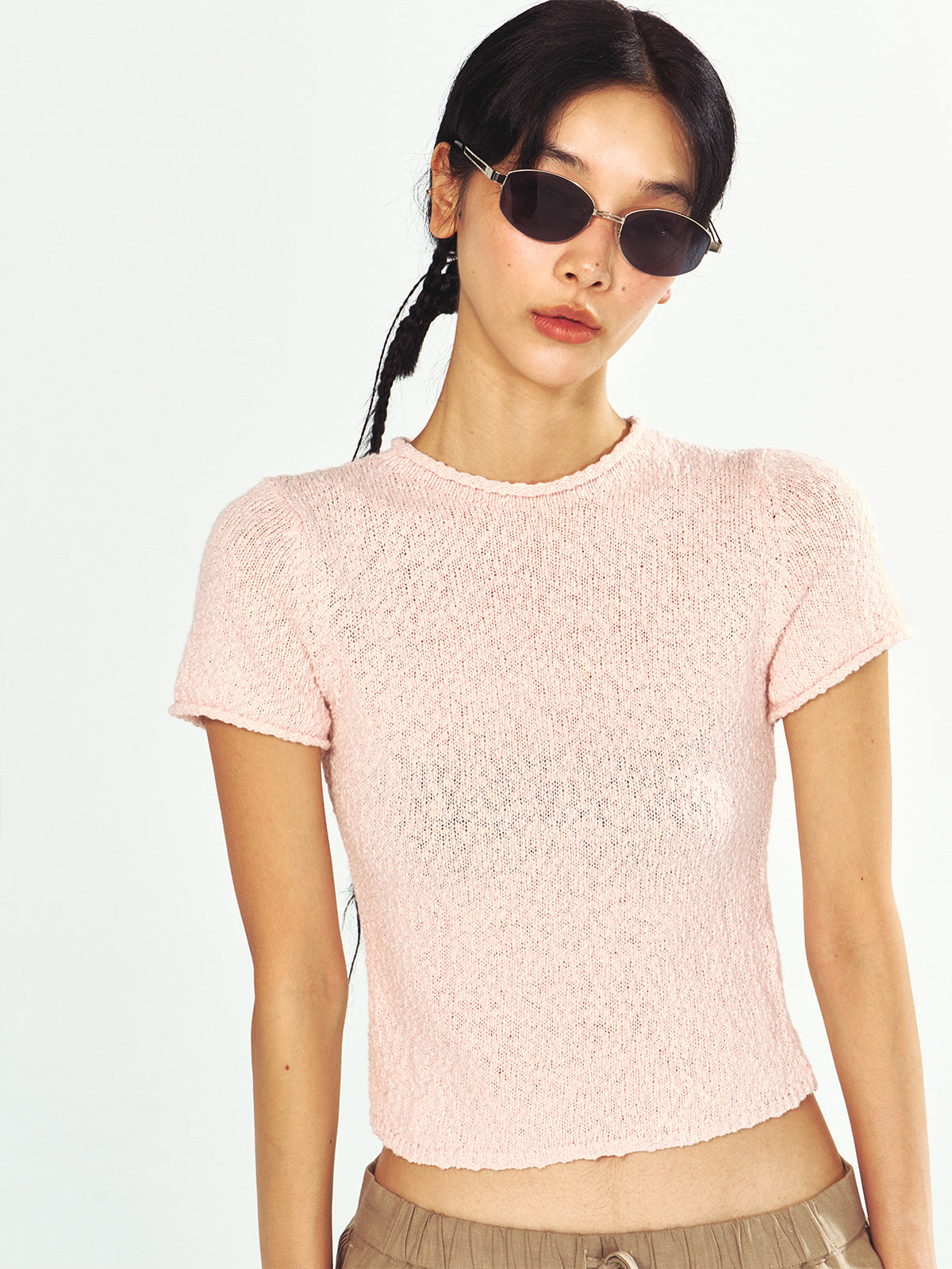 Textured Cotton Half-turtleneck Short-sleeve Knit t-Shirt