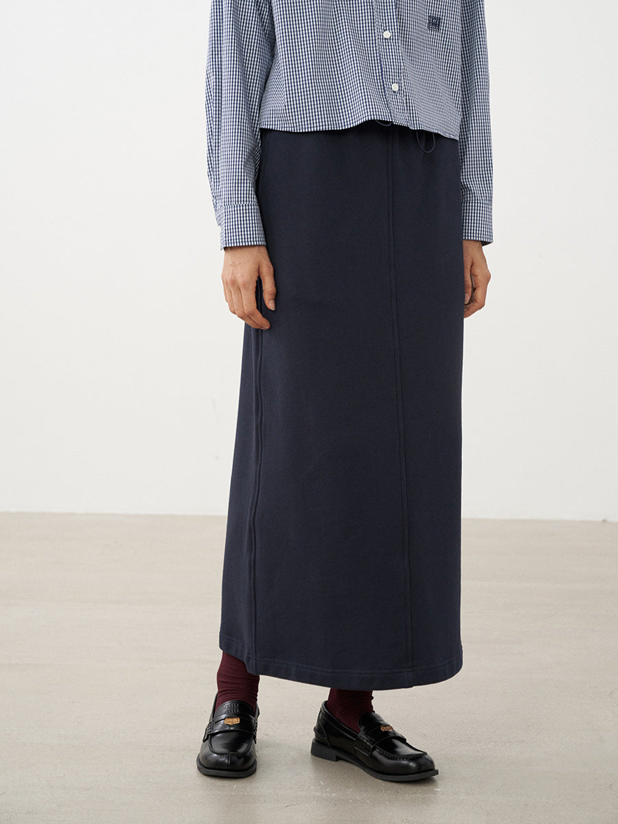 Pure Cotton Elastic Waist Slit Casual Midi Skirt