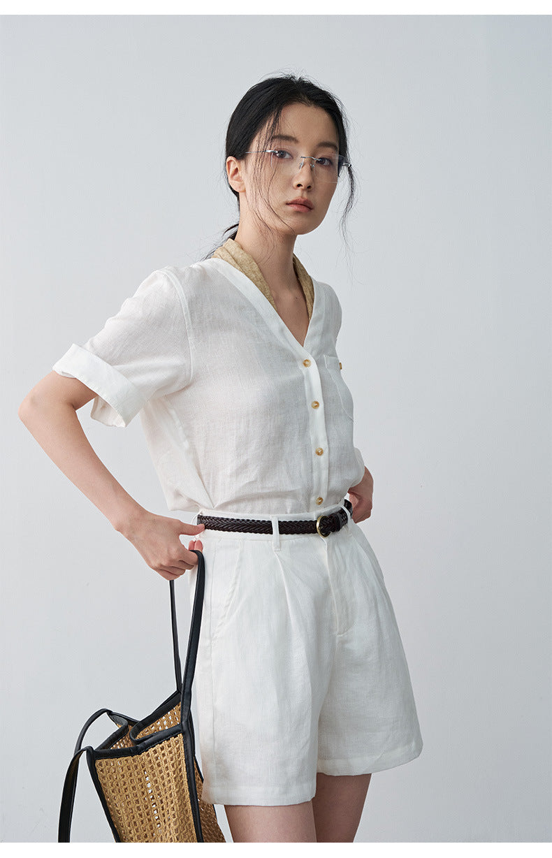 Linen Pleated Straight Casual A-Line Shorts