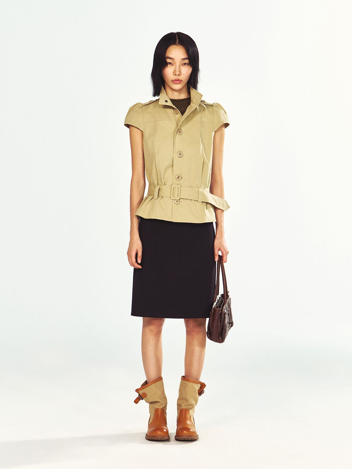 Fashionable Stand Collar Single-Breasted Buckle Lace-Up Jacket Top