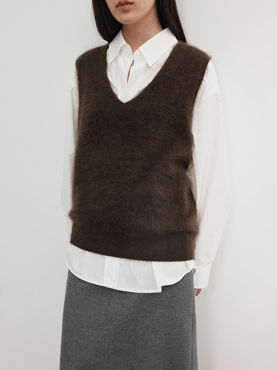 Fuzzy Wool Cashmere V-Neck Sleeveless Sweater Vest