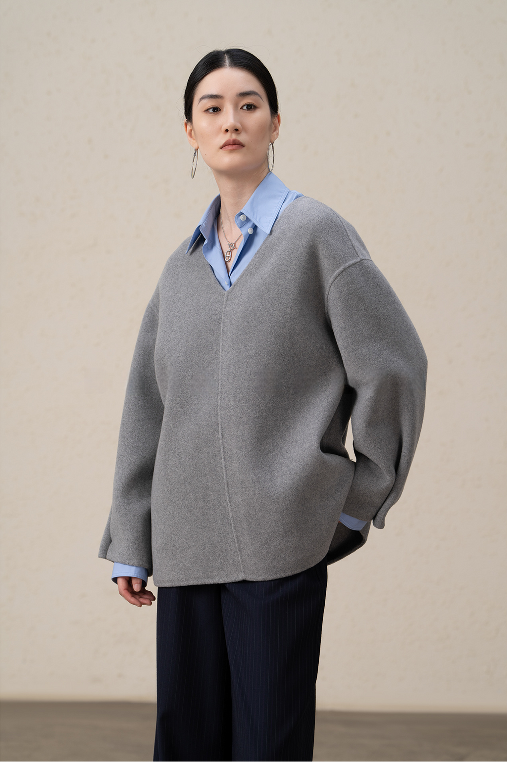 Merino Wool & Cashmere Double-Sided V-neck Coat