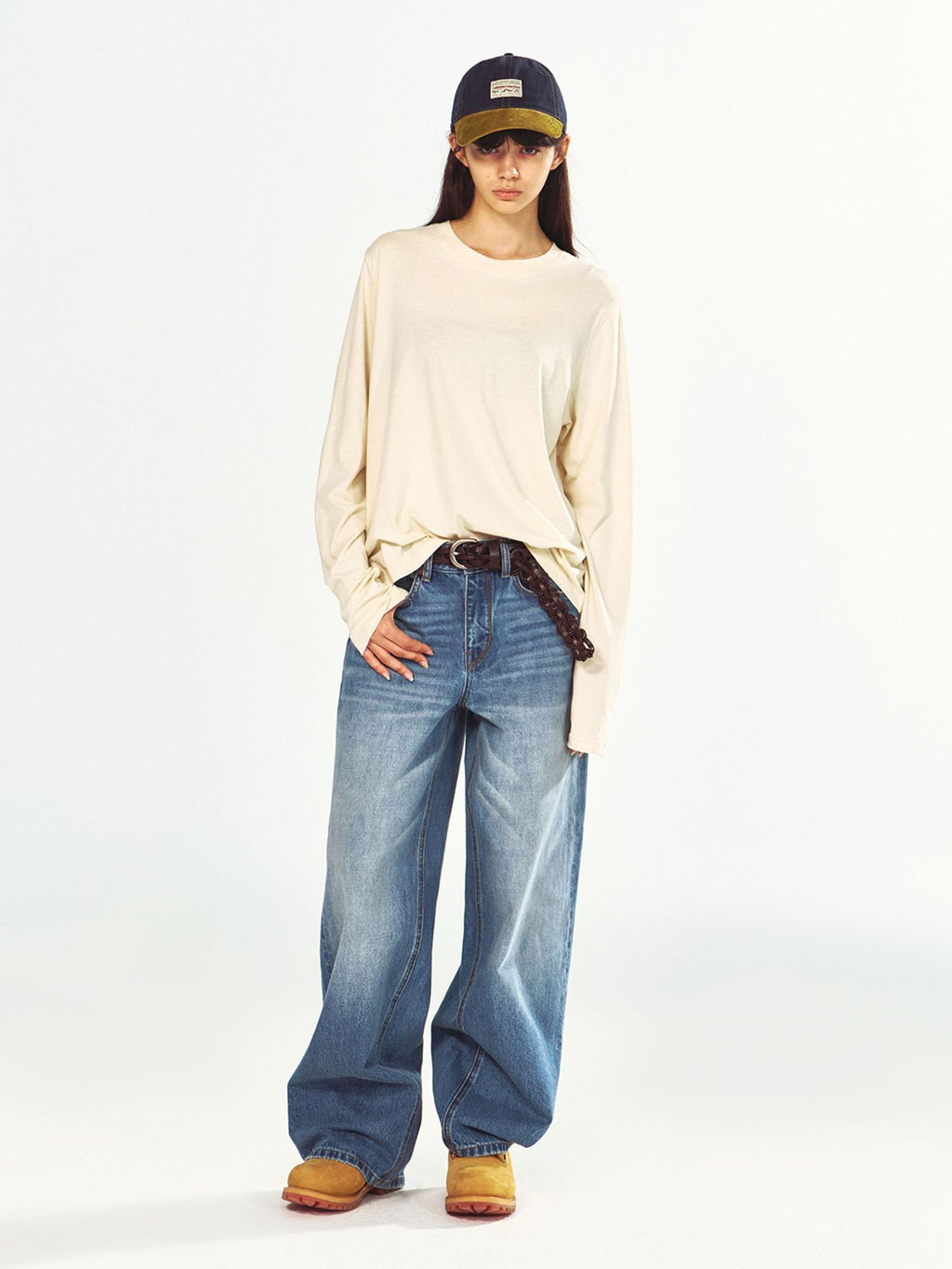 Cotton-linen Blend Basic Long-sleeve Round-neck T-shirt