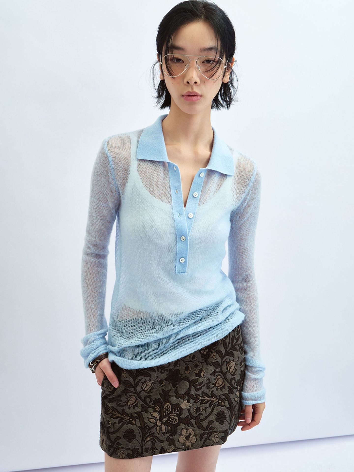 Sheer Layering Polo Collar Wool Knit Top