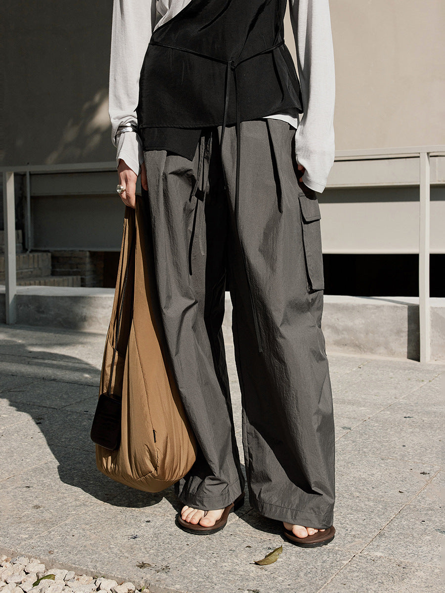 Drawstring Wide-Leg Nylon Cargo Pants