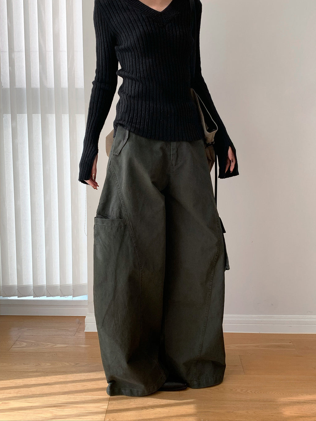 Baggy Wide Leg Cargo Pants with Angled Seam Detail