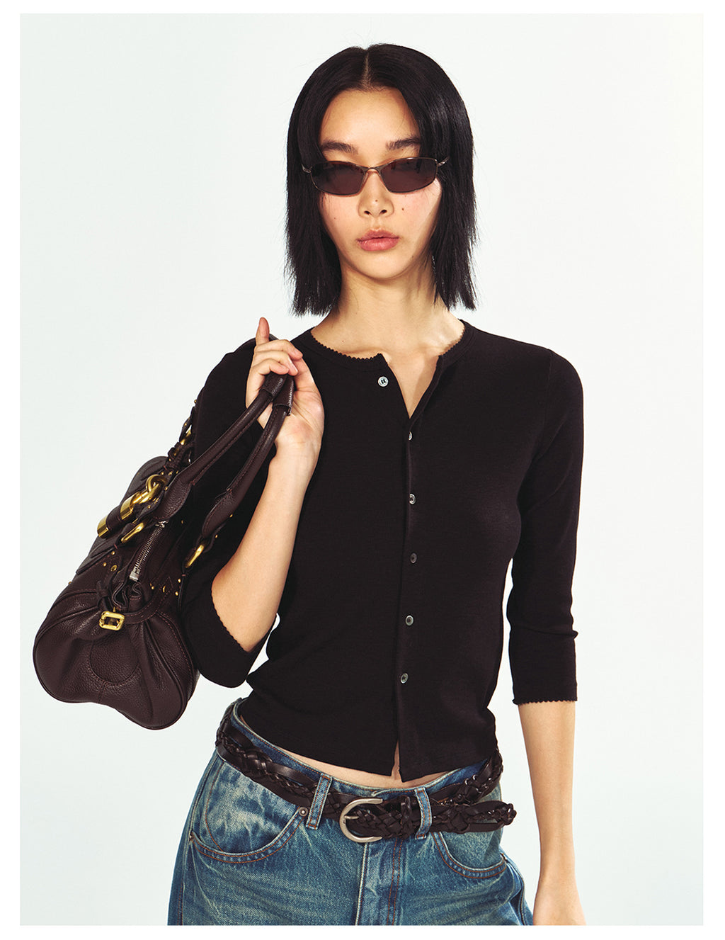 Three-quarter Sleeve Single-breasted Slim Fit Knit Top