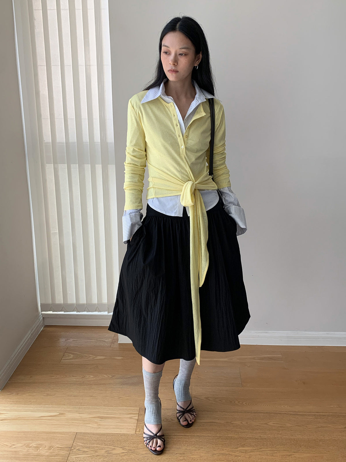 Pleated Textured High-waisted A-line Midi Skirt
