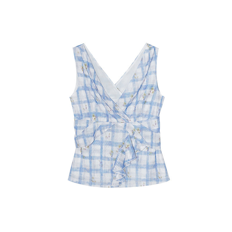 Plaid Wrap Tie Sleeveless Blouse