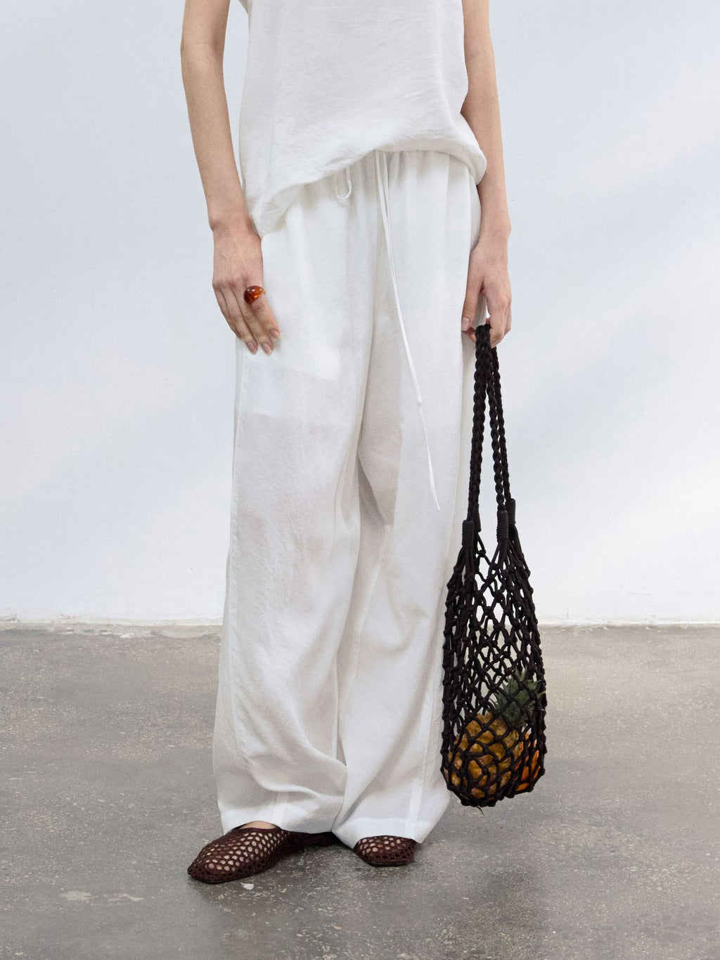 Tencel Elastic Waist Wide Leg Pants