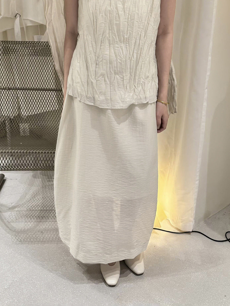 Breathable Elastic Waist Pleated Bud Half Maxi Skirt