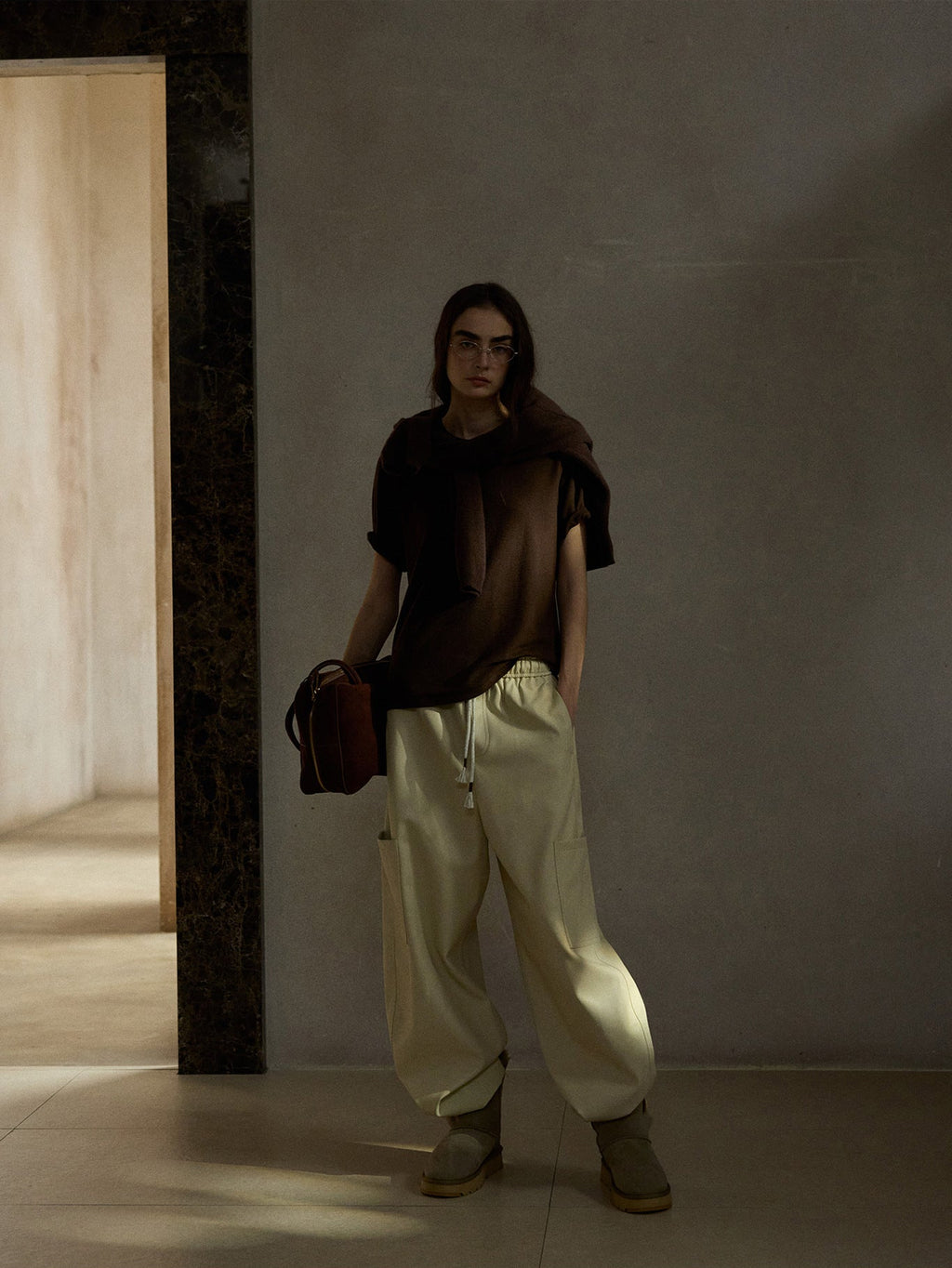 PU Leather Barrel Leg Drawstring Cargo Pants
