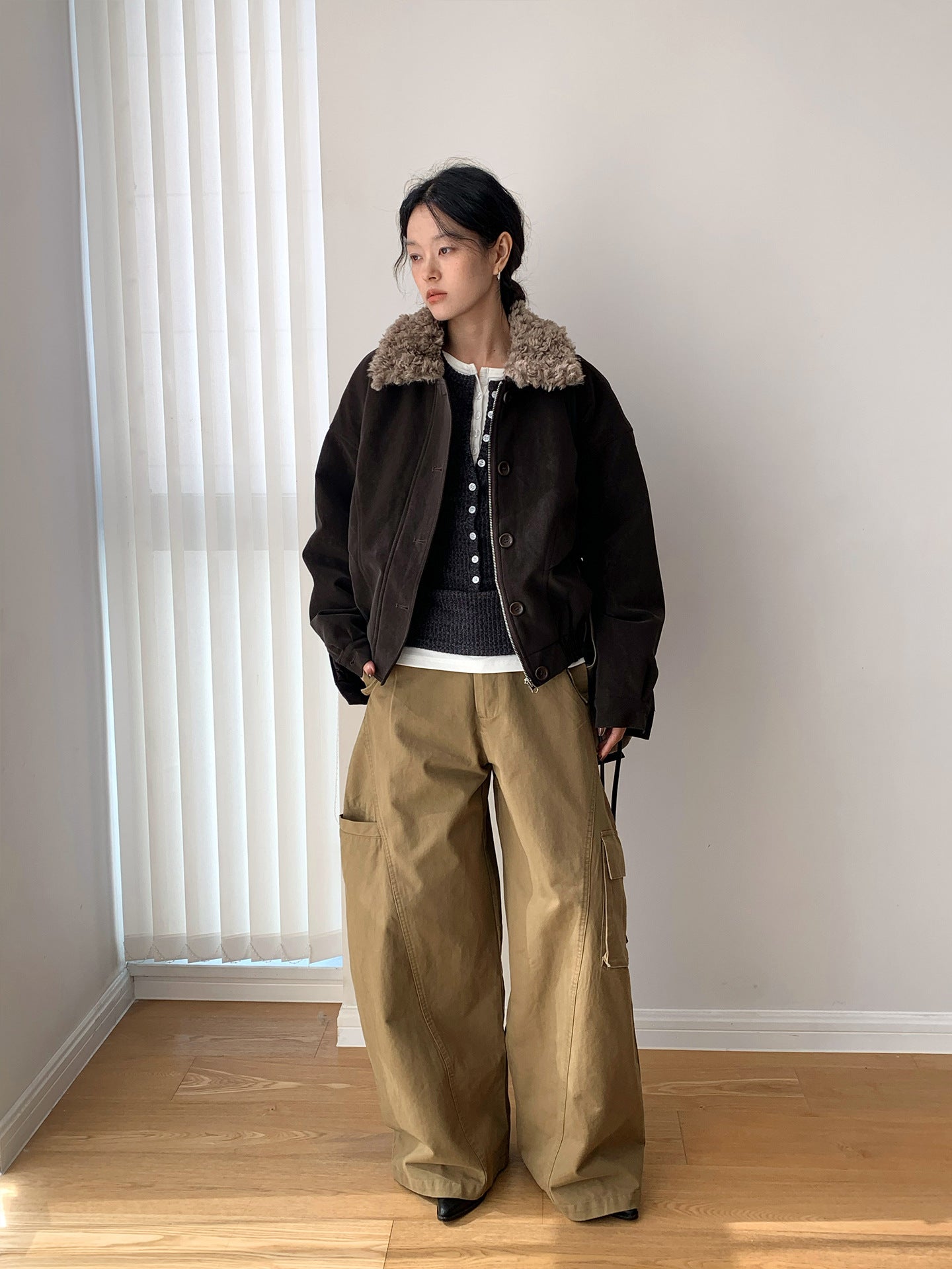 Baggy Wide Leg Cargo Pants with Angled Seam Detail