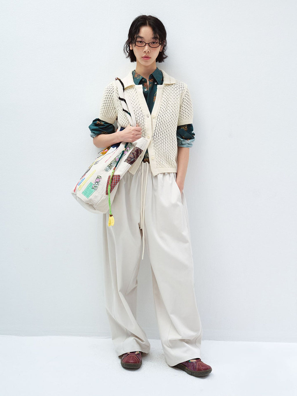 Textured Cotton Short-sleeve Coarse Knit Cardigan Sweater